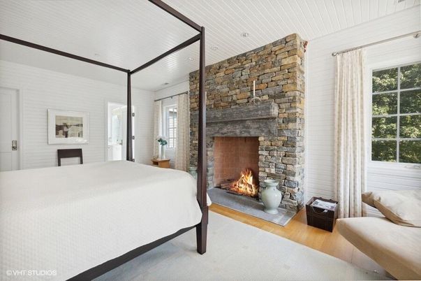 Bedroom, Fireplace, Interior, Stone Walls, Wood Texture Flooring
