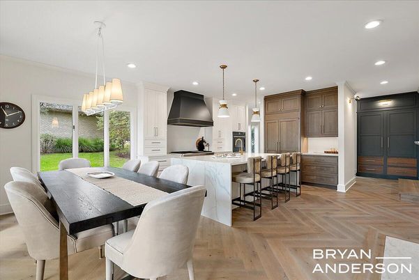 Dining room, Interior, Kitchen, Pendant Lights, Recessed Lighting, Stainless Steel Appliances, Wood Texture Flooring