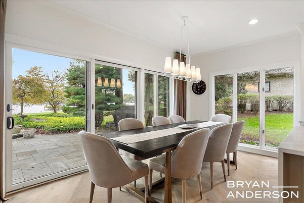 Dining room, Interior, Pendant Lights, Recessed Lighting, Wood Texture Flooring