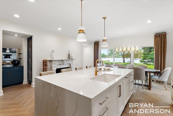 Dining room, Fireplace, Interior, Kitchen, Pendant Lights, Recessed Lighting, Wood Texture Flooring