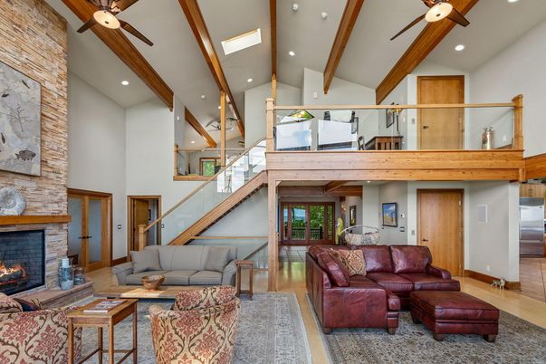 Fireplace, Interior, Living room, Recessed Lighting, Stone Walls, Wooden Beams, Wood Texture Flooring