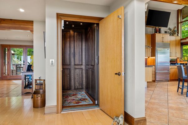 Interior, Kitchen, Recessed Lighting, Stainless Steel Appliances, Wood Texture Flooring, Wooden Walls