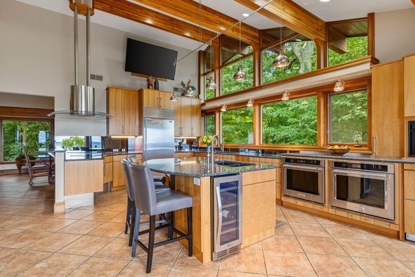 Dining room, Interior, Kitchen, Pendant Lights, Recessed Lighting, Stainless Steel Appliances, Wooden Beams