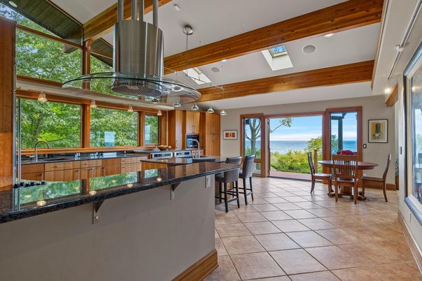 Dining room, Interior, Kitchen, Pendant Lights, Recessed Lighting, Water, Wooden Beams