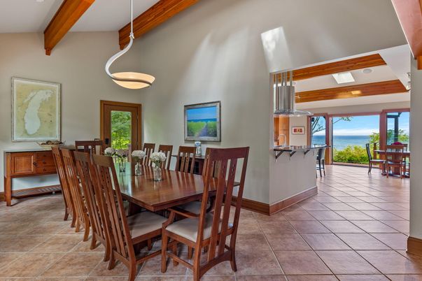 Dining room, Interior, Pendant Lights, Recessed Lighting, Water, Wooden Beams