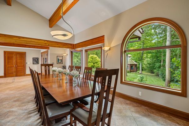 Dining room, Interior, Pendant Lights, Wooden Beams