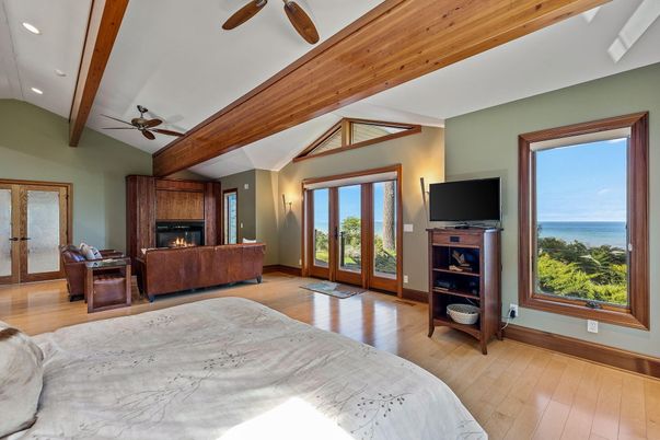 Bedroom, Fireplace, Interior, Recessed Lighting, Water, Wooden Beams, Wood Texture Flooring