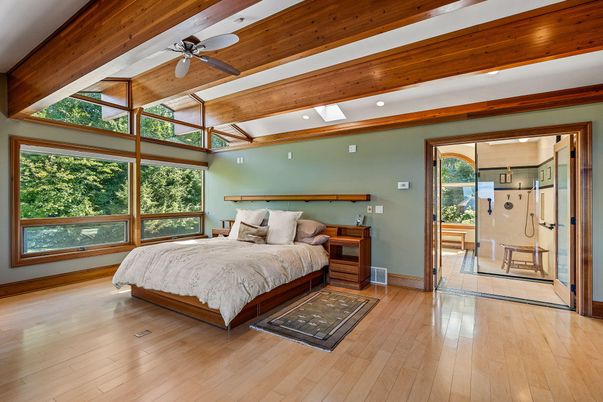 Bedroom, Interior, Recessed Lighting, Wooden Beams, Wood Texture Flooring
