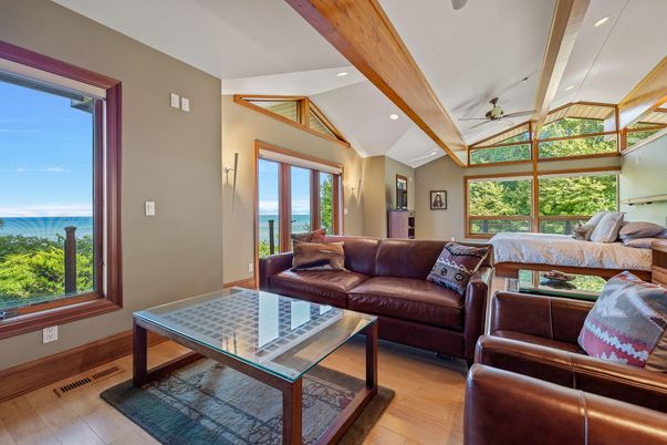 Interior, Living room, Recessed Lighting, Water, Wooden Beams, Wood Texture Flooring