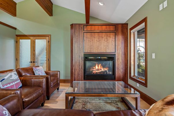 Fireplace, Interior, Recessed Lighting, Wooden Beams, Wood Texture Flooring