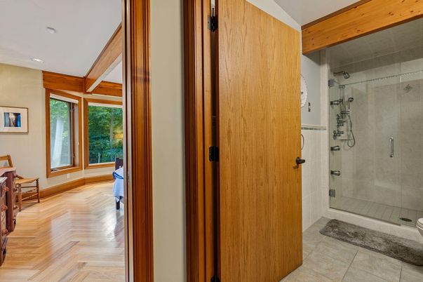 Bathroom, Glass Shower, Interior, Recessed Lighting, Wood Texture Flooring