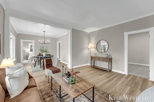Dining room, Interior, Living room, Pendant Lights, Wood Texture Flooring