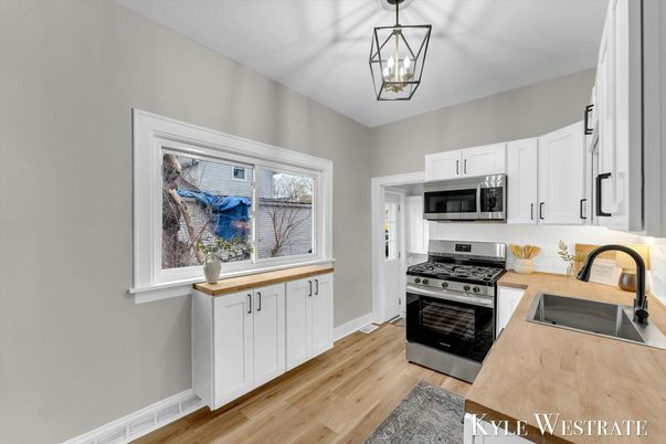 Interior, Kitchen, Pendant Lights, Stainless Steel Appliances, Wood Texture Flooring