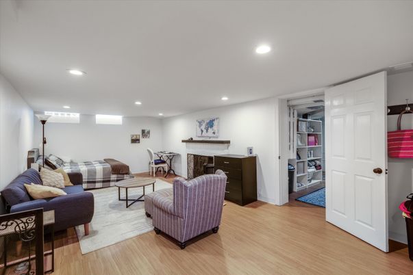 Fireplace, Interior, Living room, Recessed Lighting, Wood Texture Flooring