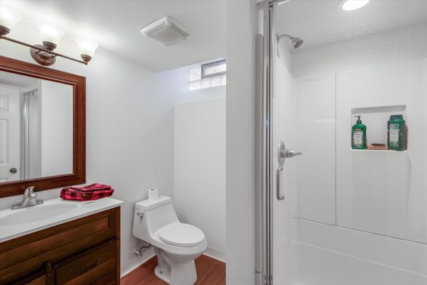 Bathroom, Interior, Recessed Lighting, Wood Texture Flooring