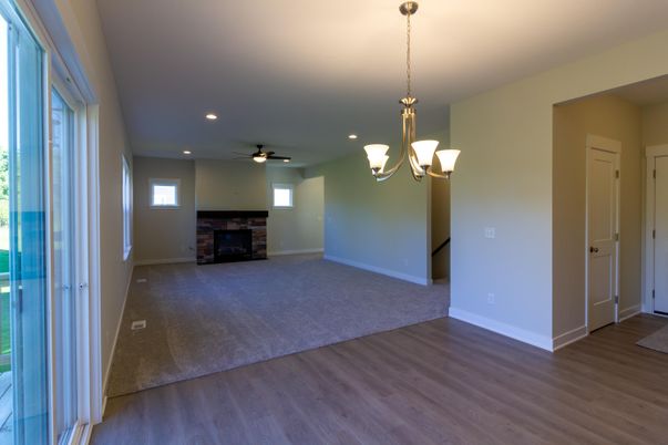 Chandelier, Empty room, Interior, Recessed Lighting, Wood Texture Flooring