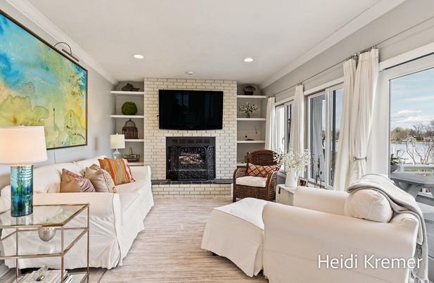 Fireplace, Interior, Living room, Recessed Lighting, Stone Walls, Wood Texture Flooring