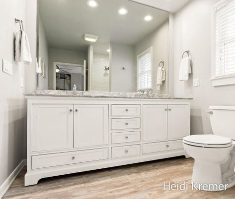 Bathroom, Dual Sink Vanities, Interior, Recessed Lighting, Wood Texture Flooring