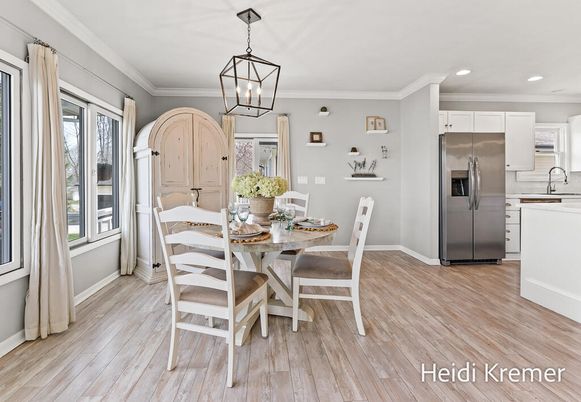 Dining room, Interior, Kitchen, Pendant Lights, Recessed Lighting, Stainless Steel Appliances, Wood Texture Flooring
