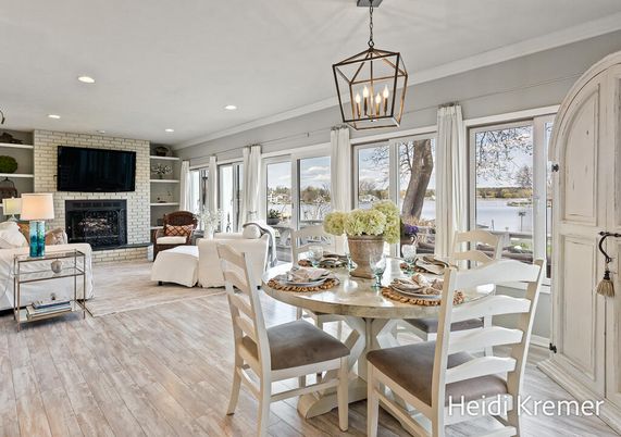 Dining room, Fireplace, Interior, Living room, Pendant Lights, Recessed Lighting, Stone Walls, Wood Texture Flooring