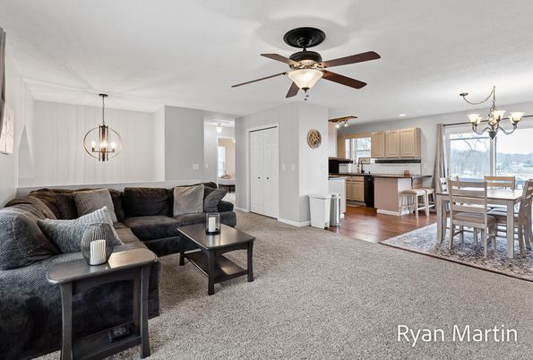 Chandelier, Dining room, Interior, Kitchen, Living room, Pendant Lights, Recessed Lighting, Wood Texture Flooring