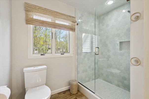 Bathroom, Glass Shower, Interior, Recessed Lighting, Wood Texture Flooring