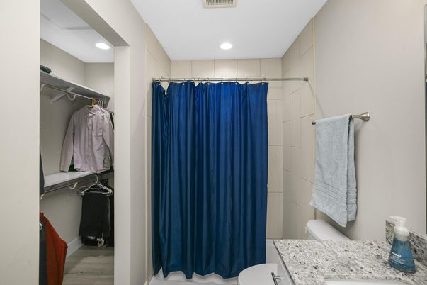 Bathroom, Interior, Recessed Lighting, Walk-in Closets, Wood Texture Flooring