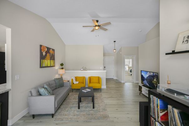 Fireplace, Interior, Living room, Pendant Lights, Wood Texture Flooring