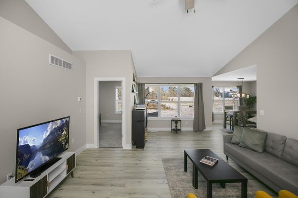 Dining room, Interior, Living room, Pendant Lights, Wood Texture Flooring
