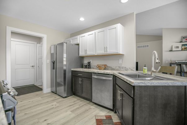 Interior, Kitchen, Recessed Lighting, Stainless Steel Appliances, Wood Texture Flooring