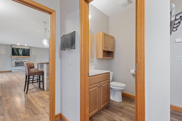 Bathroom, Fireplace, Interior, Pendant Lights, Wood Texture Flooring