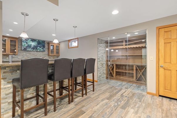 Interior, Pendant Lights, Recessed Lighting, Stone Walls, Wood Texture Flooring