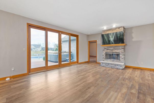 Empty room, Fireplace, Interior, Recessed Lighting, Wood Texture Flooring