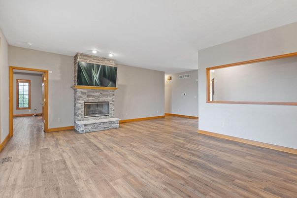 Empty room, Fireplace, Interior, Recessed Lighting, Wood Texture Flooring