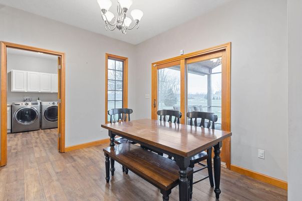Chandelier, Dining room, Interior, Washer, Wood Texture Flooring