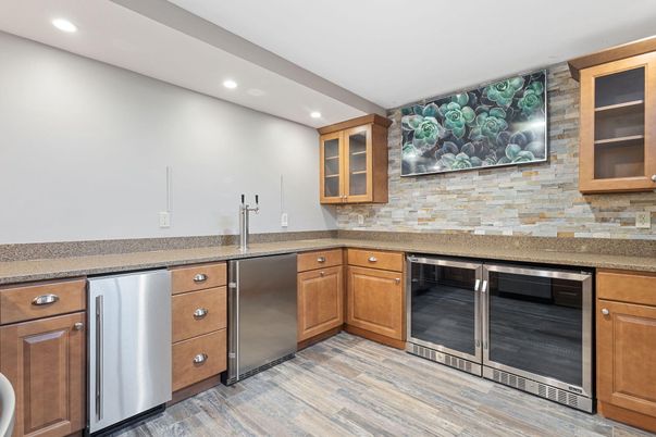 Interior, Kitchen, Recessed Lighting, Stainless Steel Appliances, Stone Walls, Wood Texture Flooring