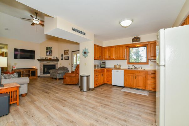 Fireplace, Interior, Kitchen, Living room, Wood Texture Flooring
