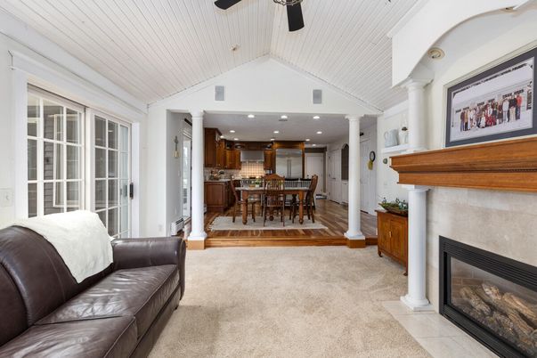 Dining room, Fireplace, Interior, Kitchen, Recessed Lighting, Wood Texture Flooring