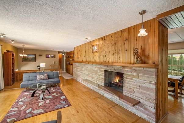 Fireplace, Interior, Pendant Lights, Wood Texture Flooring, Wooden Walls