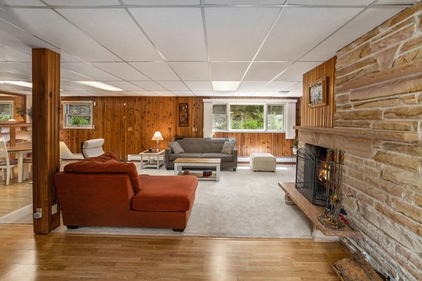 Fireplace, Interior, Living room, Stone Walls, Wood Texture Flooring, Wooden Walls