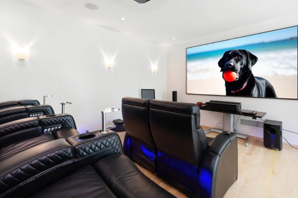 Home Theatre Room, Interior, Projection Screen, Recessed Lighting, Theatre Room, Wood Texture Flooring