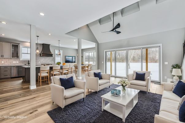 Dining room, Interior, Kitchen, Living room, Pendant Lights, Recessed Lighting, Stainless Steel Appliances, Wood Texture Flooring