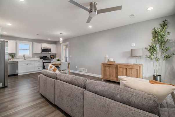 Dining room, Interior, Kitchen, Living room, Recessed Lighting, Stainless Steel Appliances, Wood Texture Flooring