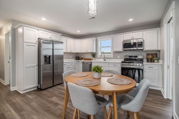Dining room, Interior, Kitchen, Recessed Lighting, Stainless Steel Appliances, Wood Texture Flooring