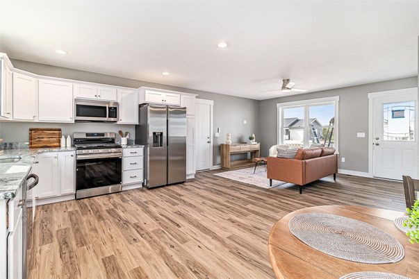 Interior, Kitchen, Recessed Lighting, Stainless Steel Appliances, Wood Texture Flooring