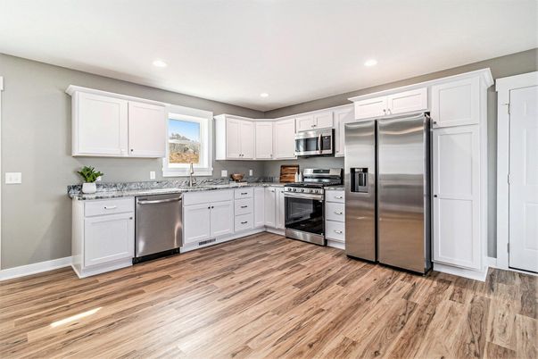 Interior, Kitchen, Recessed Lighting, Stainless Steel Appliances, Wood Texture Flooring