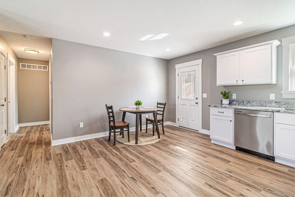 Dining room, Interior, Kitchen, Recessed Lighting, Wood Texture Flooring