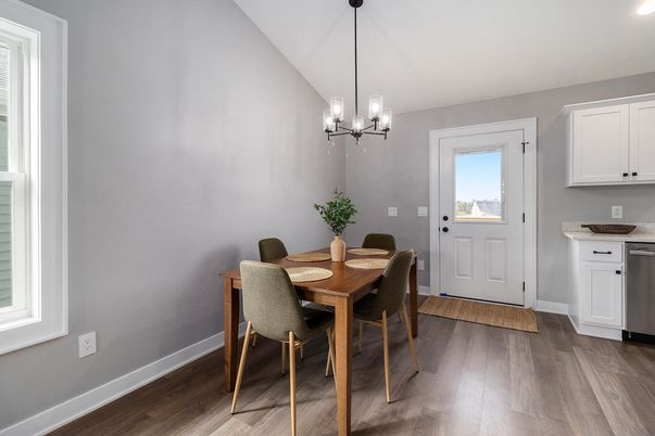 Chandelier, Dining room, Interior, Pendant Lights, Recessed Lighting, Wood Texture Flooring