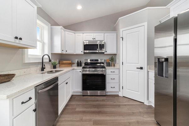 Interior, Kitchen, Recessed Lighting, Stainless Steel Appliances, Wood Texture Flooring