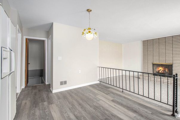 Fireplace, Interior, Pendant Lights, Wood Texture Flooring